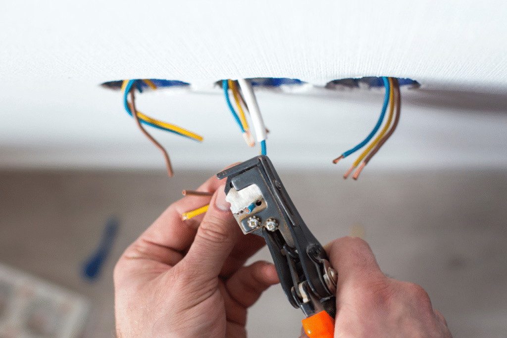 Electrician stripping insulation from wire for installation