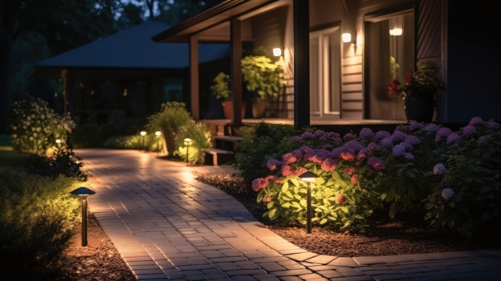Modern gardening with Illuminated pathway in front of residential house